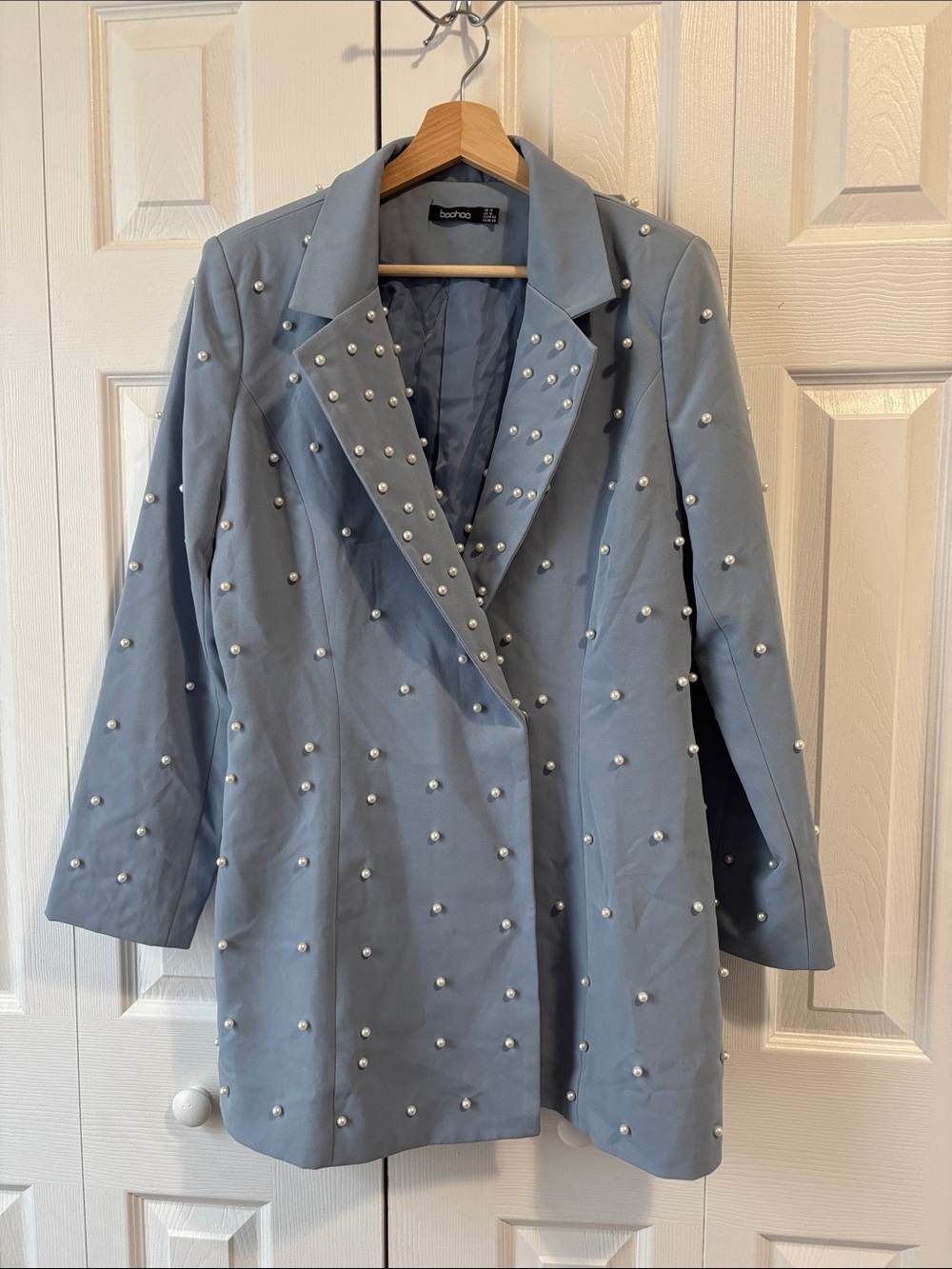 Boohoo Light Blue Pearl-Studded Blazer Jacket